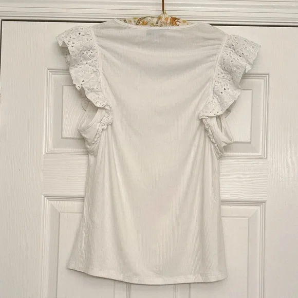 Evereve Eyelet Sleeve Shirt Ribbed Logan Tee Women’s Sz XL White Ruffle Lace EUC - Picture 6 of 8